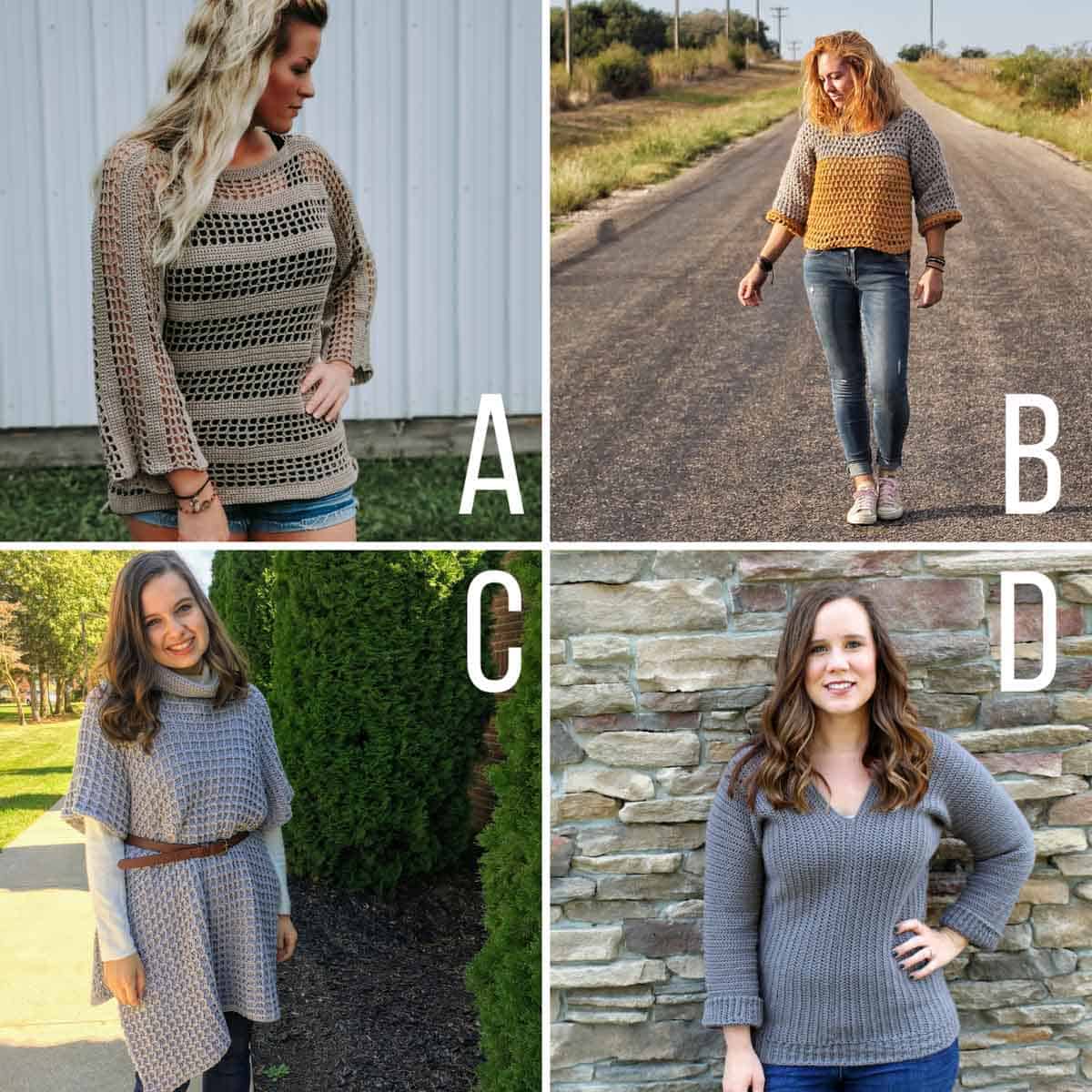 Grid of four free crochet sweater patterns. One is a lightweight, openwork crochet top, one is a crop crochet sweater, one is a waffle stitch crochet poncho and one is a classic v-neck crochet sweater.
