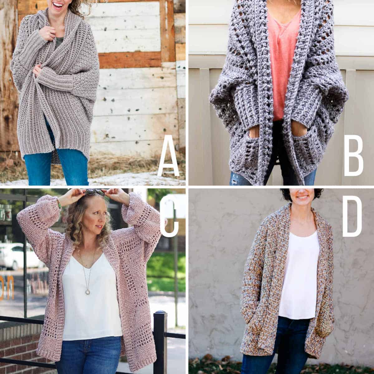 Grid of four crochet cardigan patterns. One is a beginner crochet cardigan made from a rectangle, one is a chunky crochet cardigan made from a rectangle, one is a velour crochet cardigan made from a hexagon, and one is an easy crochet cardigan with pockets.