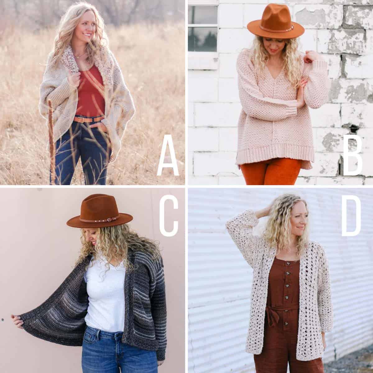 Grid of four crochet sweater patterns. One is a cocoon cardigan with faux fur collar, one is a simple pullover crochet sweater, one is a reversible Tunisian crochet cardigan and one is a simple crochet jacket sweater.