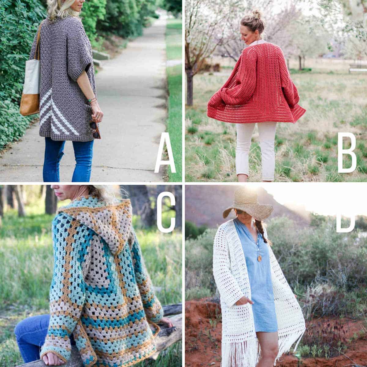 Grid of four free crochet cardigan patterns. One is a corner to corner crochet cardigan, one is a lightweight spring cardigan with bishop sleeves, one is a hooded crochet cardigan made from hexagons and one is a long crochet cardigan with fringe.