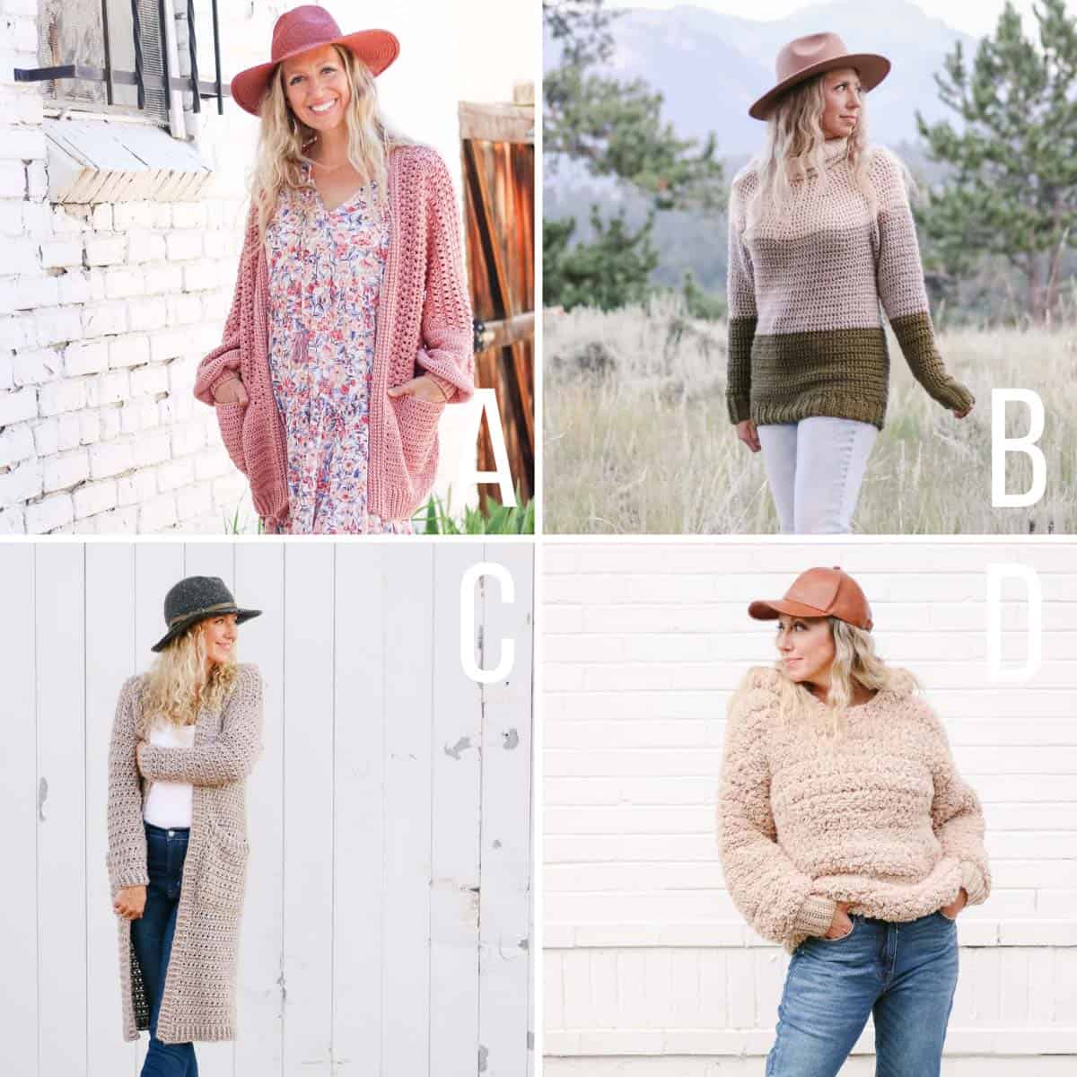 Grid of four free crochet sweater patterns. One is a baggy crochet cardigan, one is a turtleneck crochet pullover sweater, one is a one crochet duster and one is a sherpa crochet hooded sweatshirt.