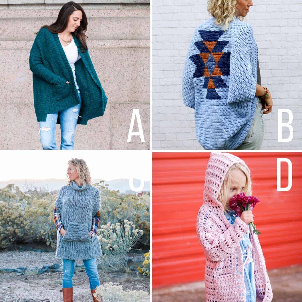 Grid of four free crochet sweater patterns. One is a thick crochet cardigan with pockets, one is a colorwork crochet shrug, one is a crochet poncho and one is a kids crochet cardigan.