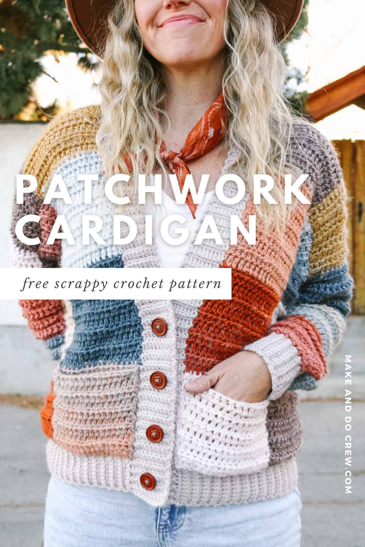 Blonde woman wearing a colorful crochet patchwork sweater with buttons. Her left hand is in the cardigan pocket.
