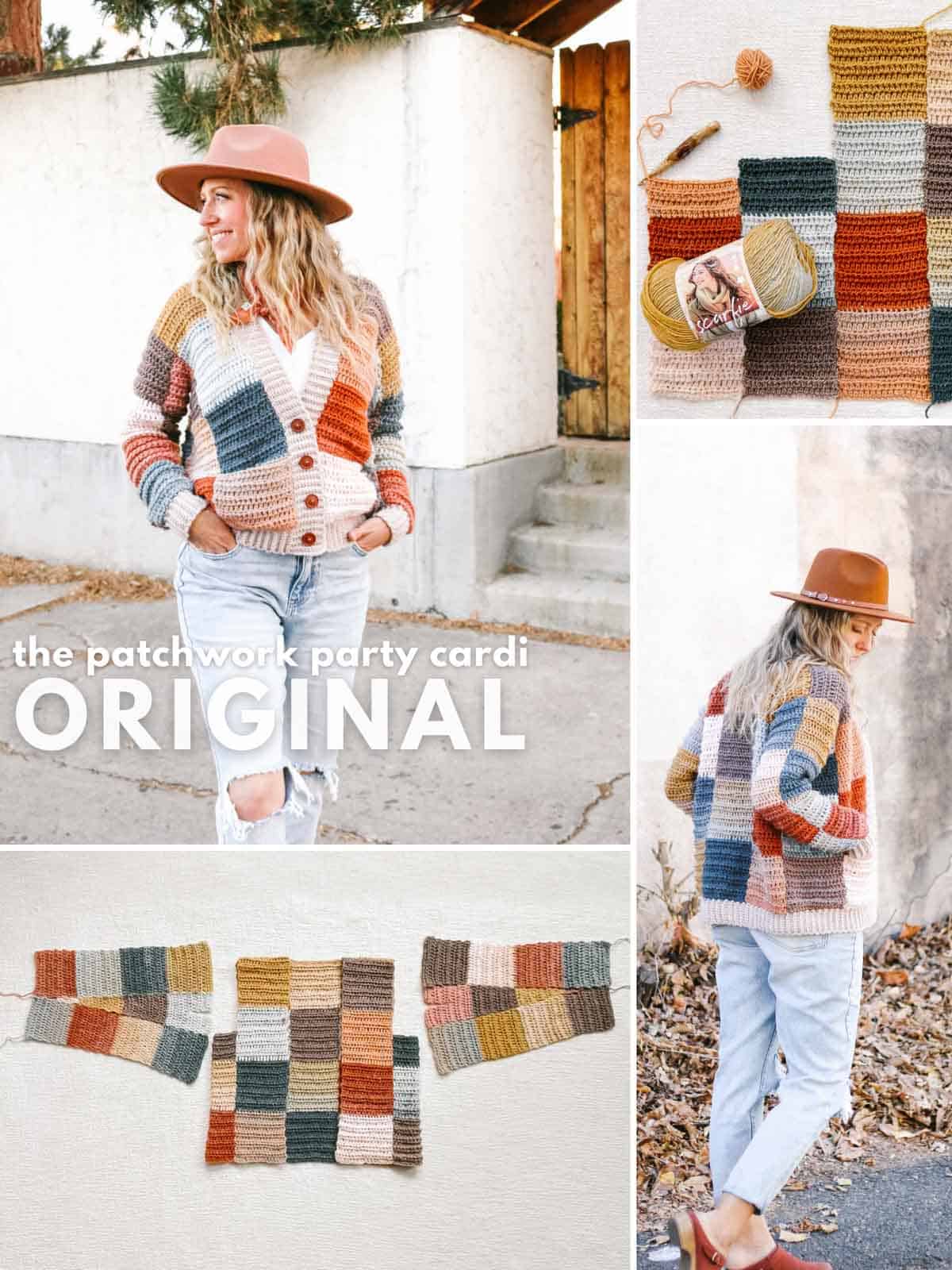 Grid of images of a blonde woman wearing a colorful patchwork crochet cardigan, light ripped blue jeans and a brown hat. The grid of images also shows in-progress photos of how to make the cardigan. 