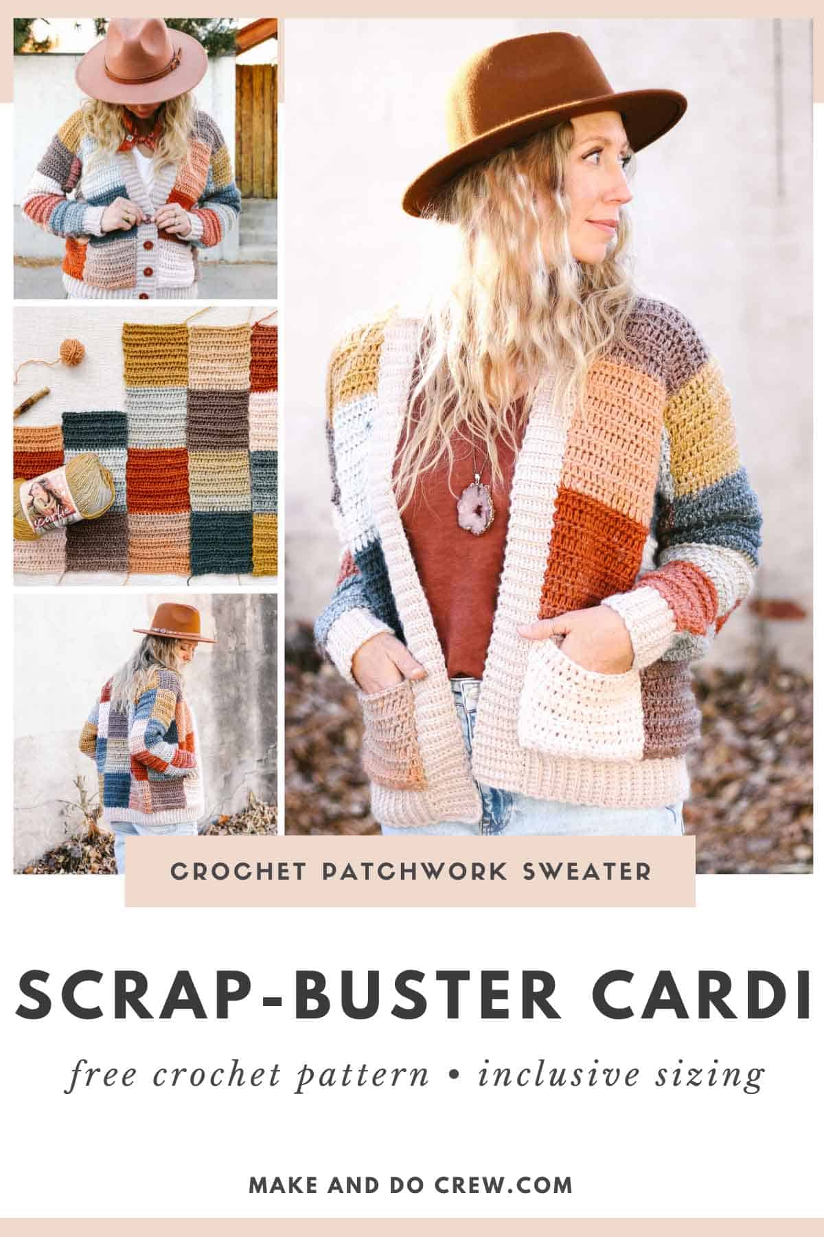 This image shows a grid of four photos, showing off a quilt-inspired crochet cardigan made from rectangles, using Lion Brand Scarfie yarn. A blonde woman is wearing the patchwork cardigan with her hands in the sweater pockets and a brown hat. She is shown buttoning the sweater and facing away from the camera to display the back of the cardigan. 