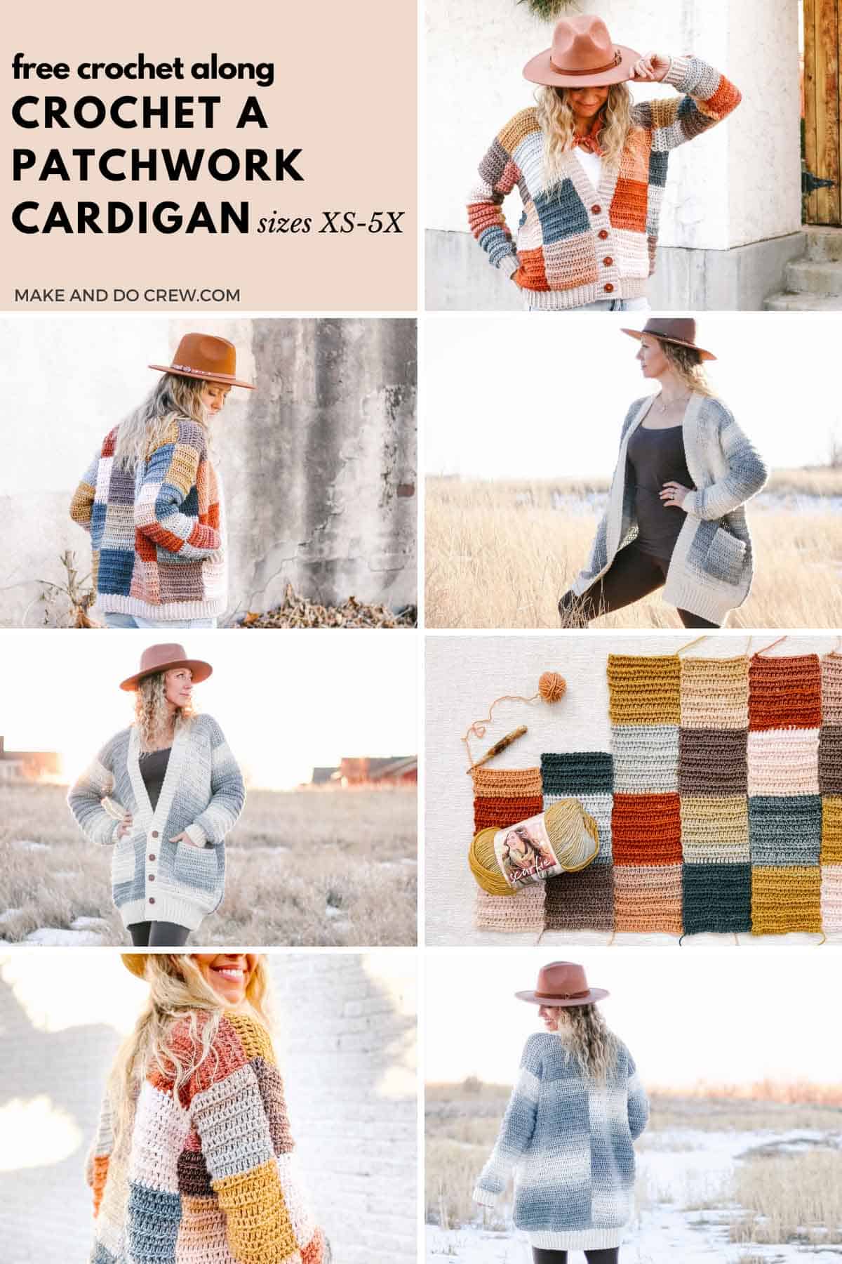 This image shows a grid of photos of a woman wearing a patchwork crochet cardigan. One version is colorful, quilt inspired patchwork style sweater. The other version is a neutral colored oversized cardigan with pockets. 