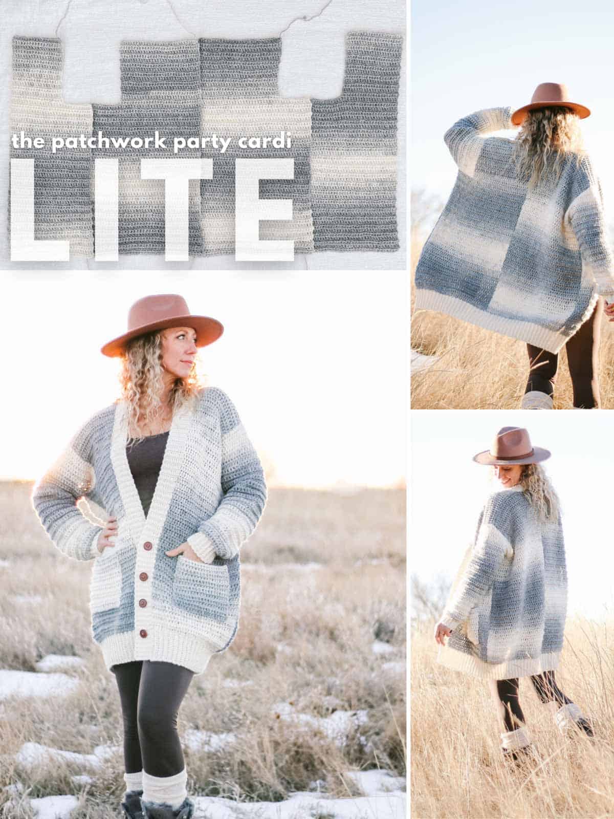 This photo is a grid of four images. The images are showing a blonde woman standing in a grassy, snowy field. She is wearing a gray and white ombré button up crochet cardigan with black leggings, snow boots and a brown hat. There is one tutorial photo showing how the crochet cardigan is made from simple rectangles.