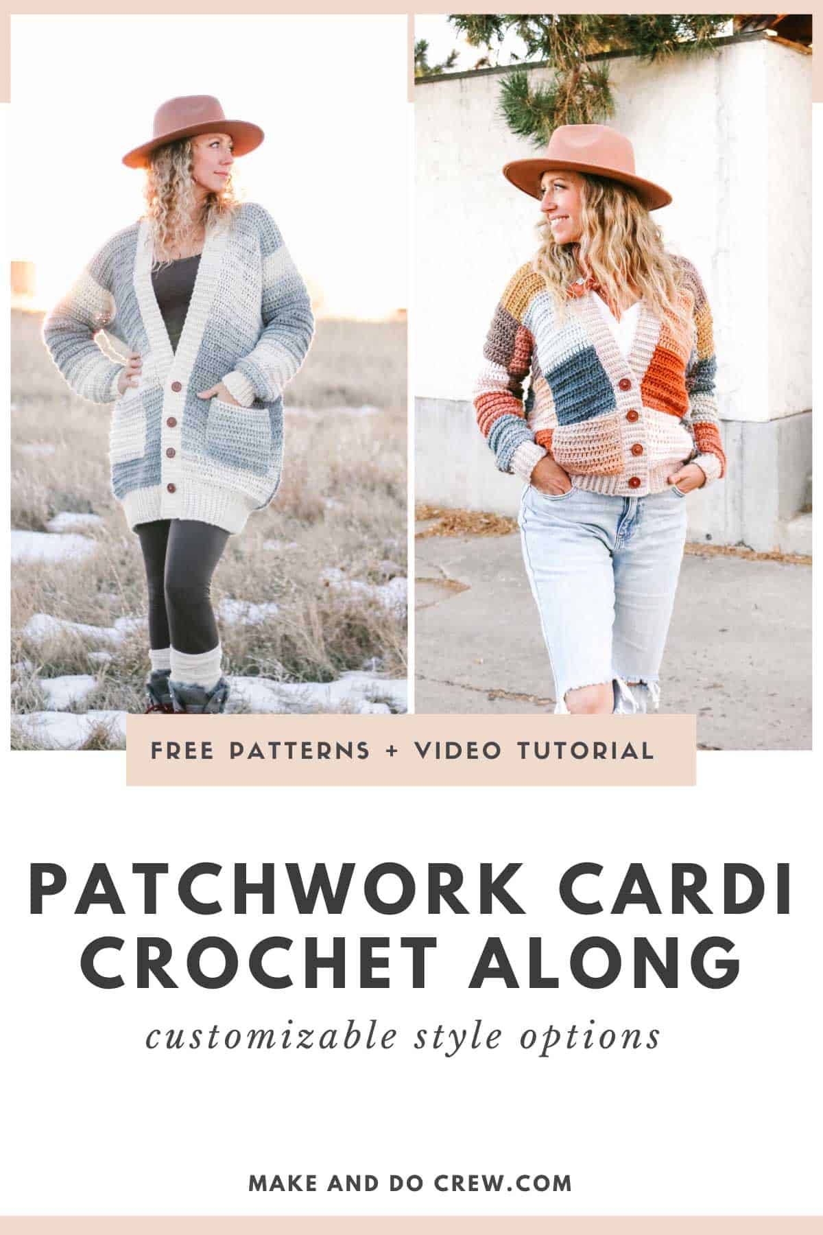 This image has two photos. The first photo shows a blonde woman standing in a snowy field. She is wearing a long, gray and white crochet cardigan, black leggings and snow boots. The other photo shows a blonde woman wearing a colorful patchwork crochet cardigan, light ripped blue jeans and a brown hat. She is standing on a sidewalk in front of a building. 