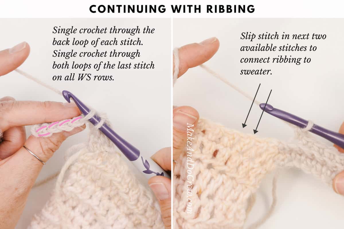 A tutorial photo of adding ribbing onto a crochet cardigan.