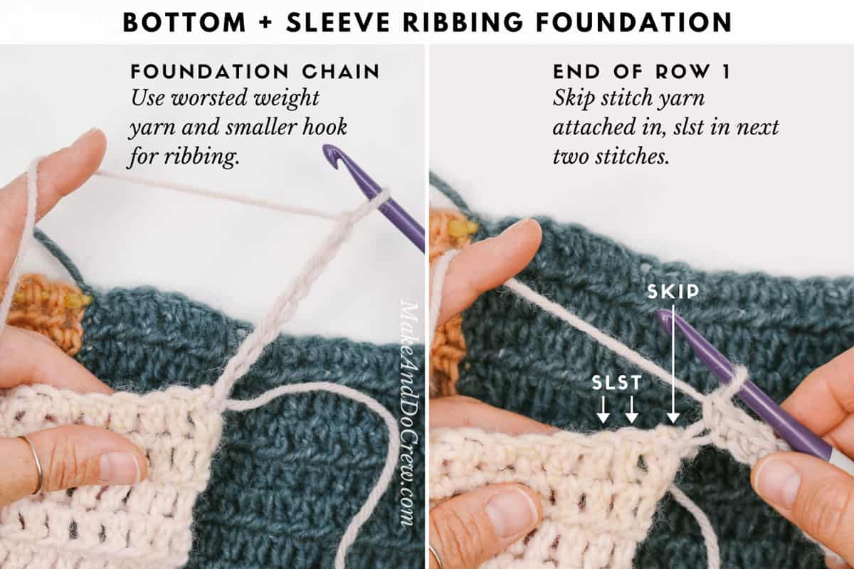 Crochet photo tutorial photo of adding ribbing onto a crochet cardigan sleeve.