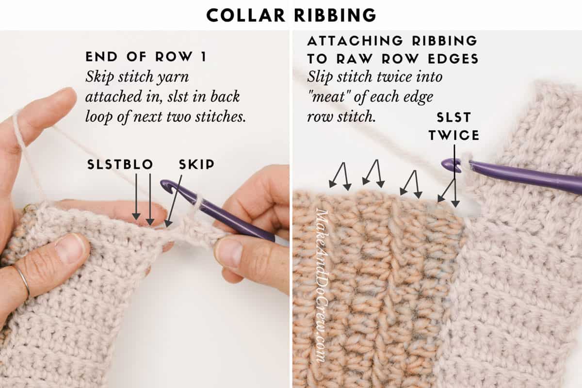 A tutorial photo of attaching collar ribbing on a crochet cardigan.