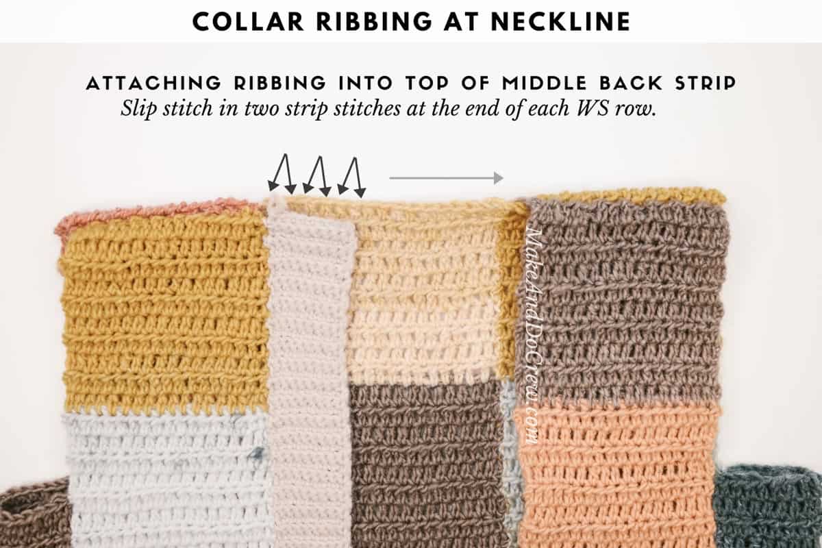 A tutorial photo of adding ribbing onto a crochet cardigan neckline.