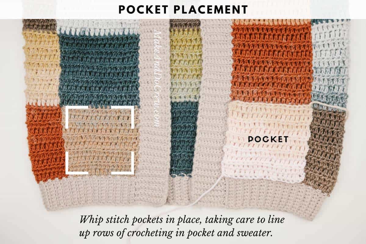 Crochet photo tutorial on how to add pockets to a patchwork cardigan.