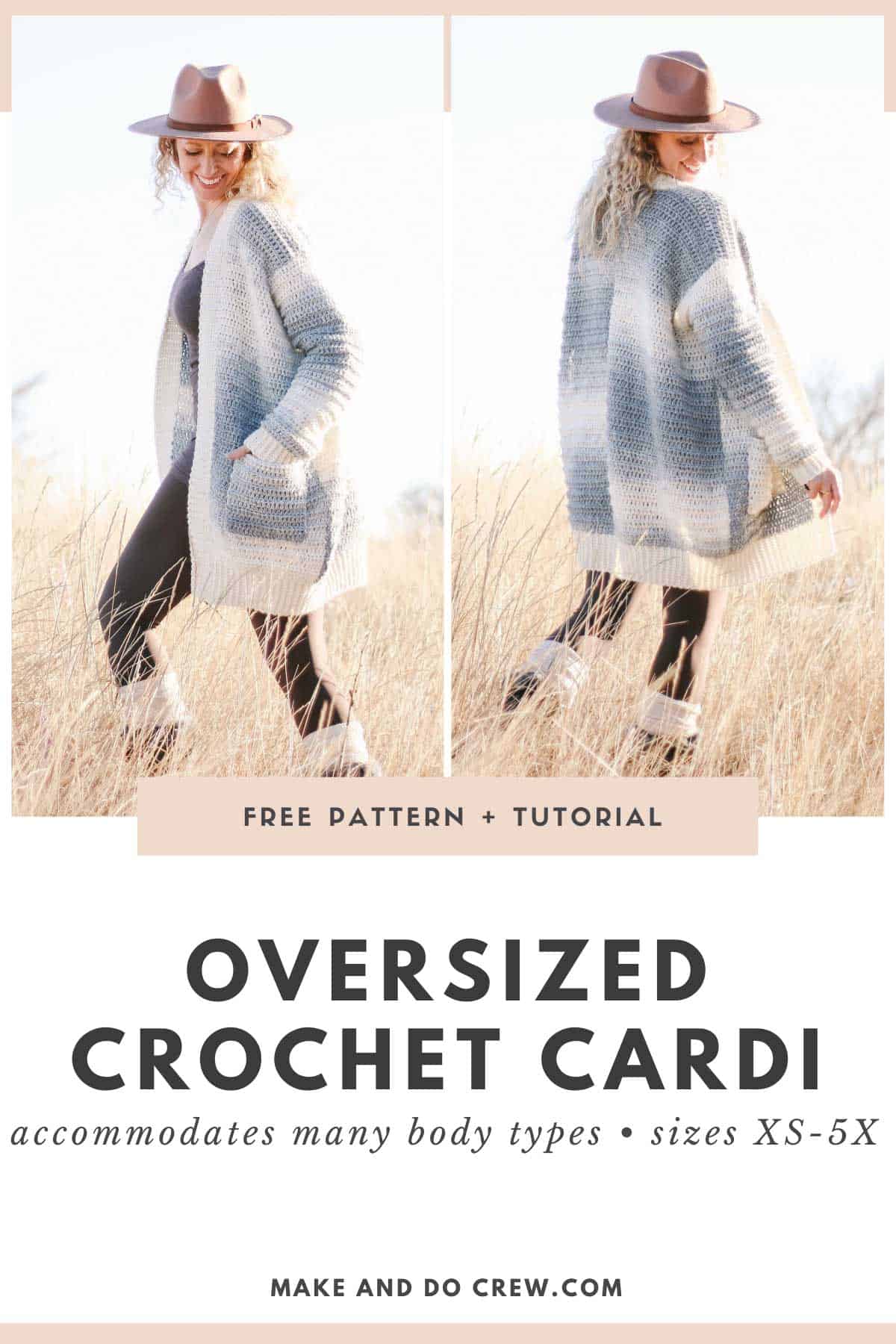 This image shows two pictures. They are of a woman wearing a gray and white ombre long crochet cardigan. In one picture, her hands are in the pockets of the sweater. In the other picture, her hands are by her side and she is displaying the back of the long cardigan.