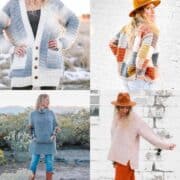 Grid of women wearing modern crochet cardigans and sweaters in muted colors.