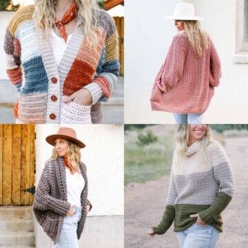 Grid of women wearing modern crochet cardigans and sweaters in muted colors.