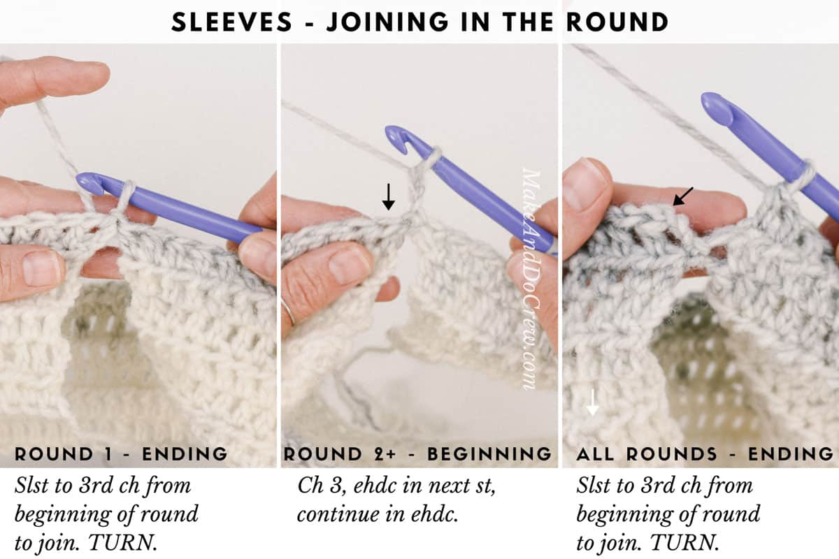 A step-by-step tutorial showing how to join crochet sleeves when working in the round.