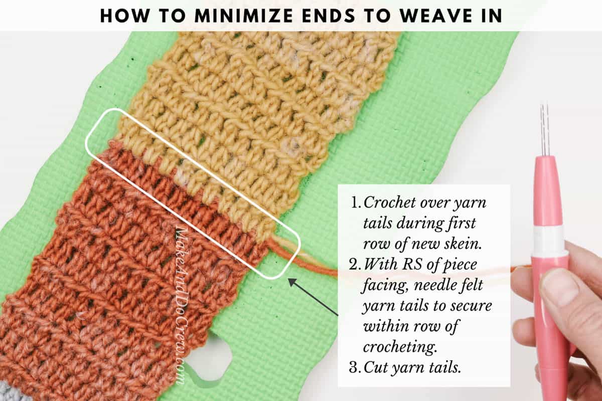 This images shows a crochet tutorial about how to minimize yarn ends to weave in when making a crochet sweater.