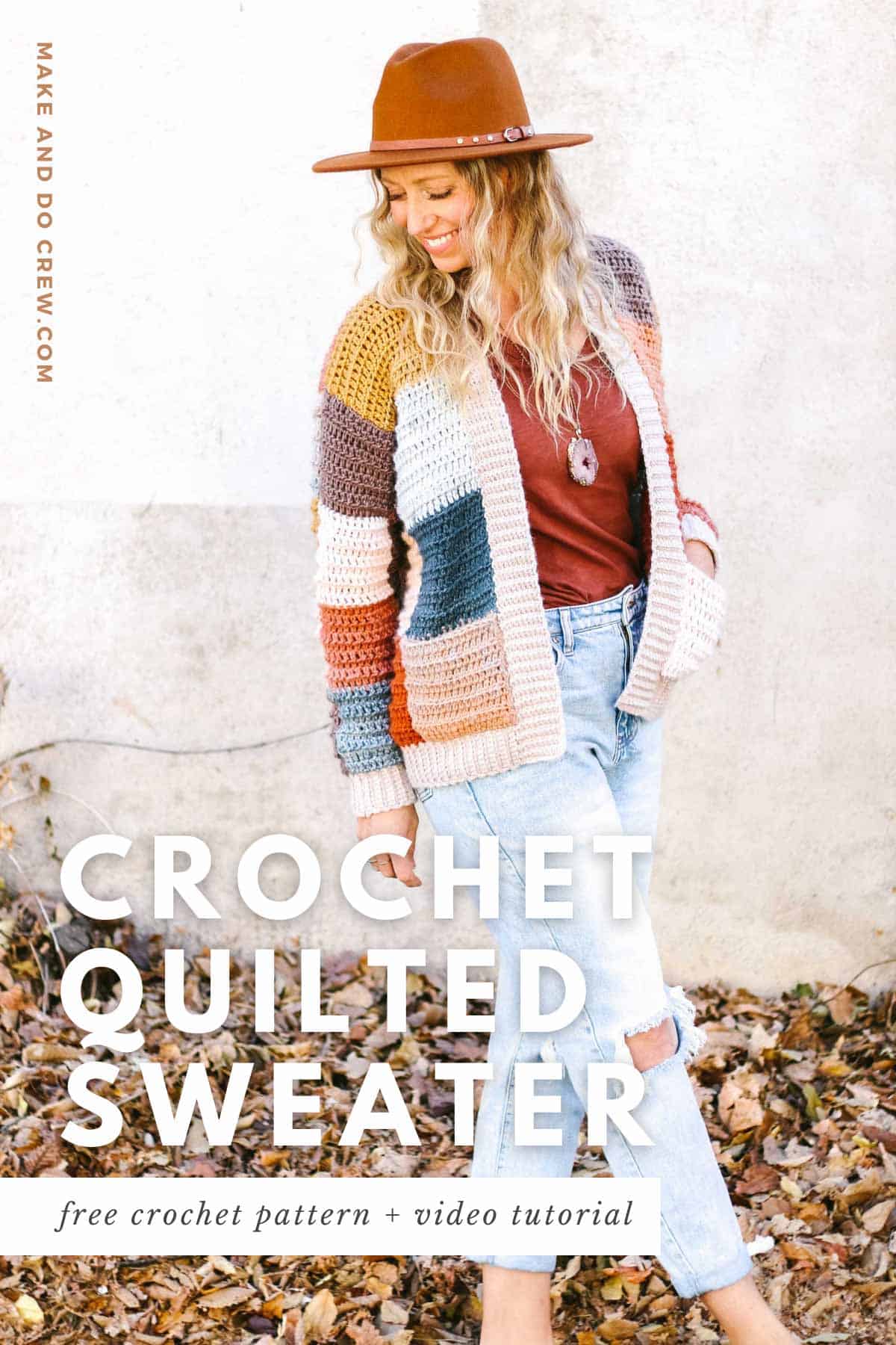 Blonde woman wearing faded blue jeans, a colorful patchwork crochet cardigan and a brown rancher hat.