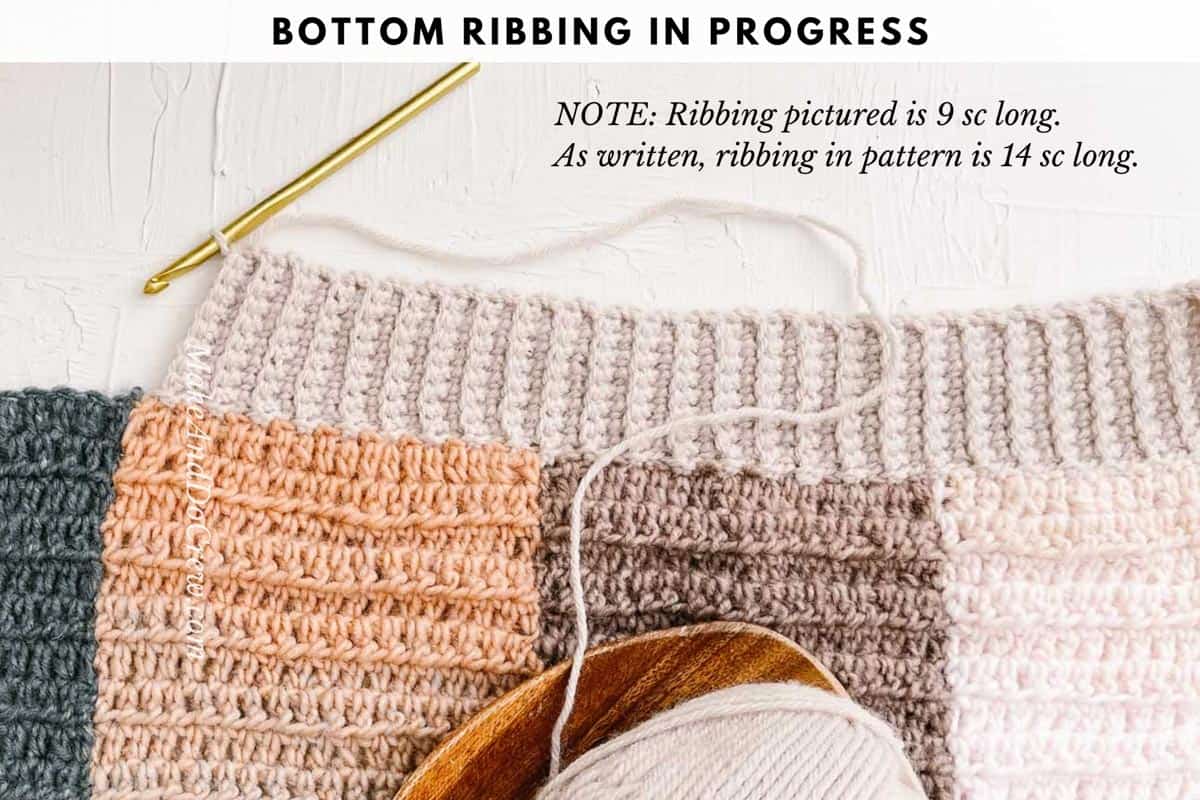 Crochet photo tutorial of how to add ribbing onto a crochet cardigan.