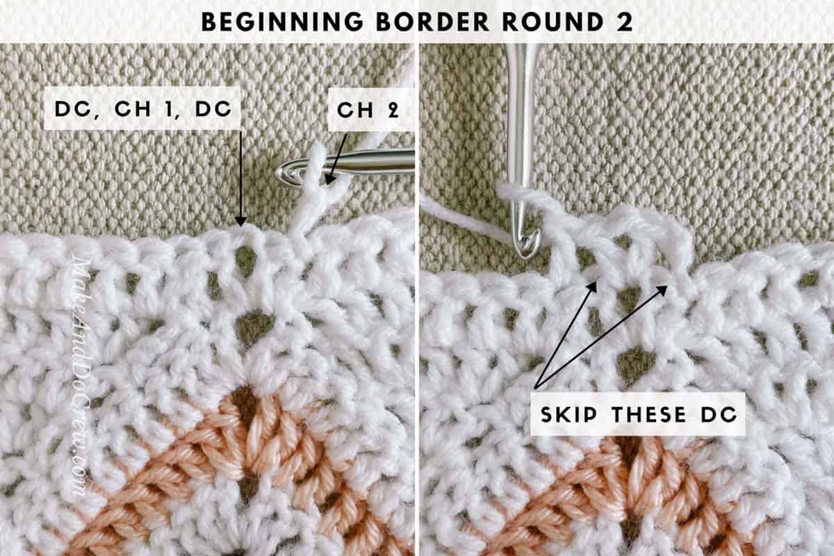 Crochet photo tutorial image showing the beginning of round two of a border around an 8 point crochet star.
