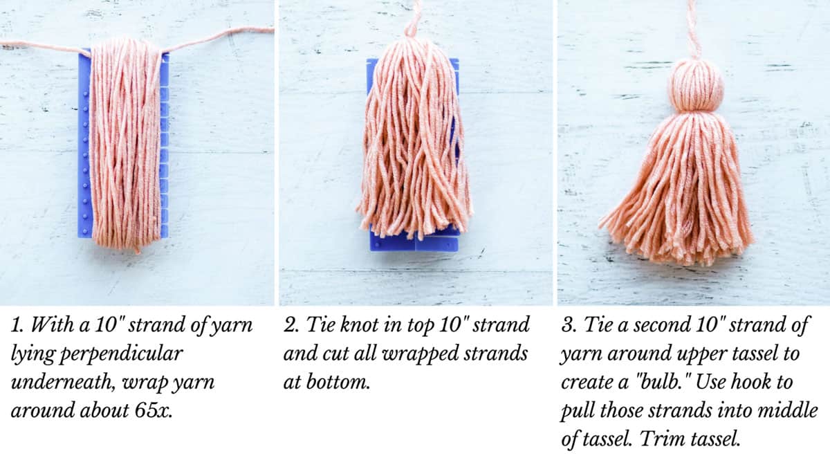 Cochet photo tutorial on how to make a yarn tassel.