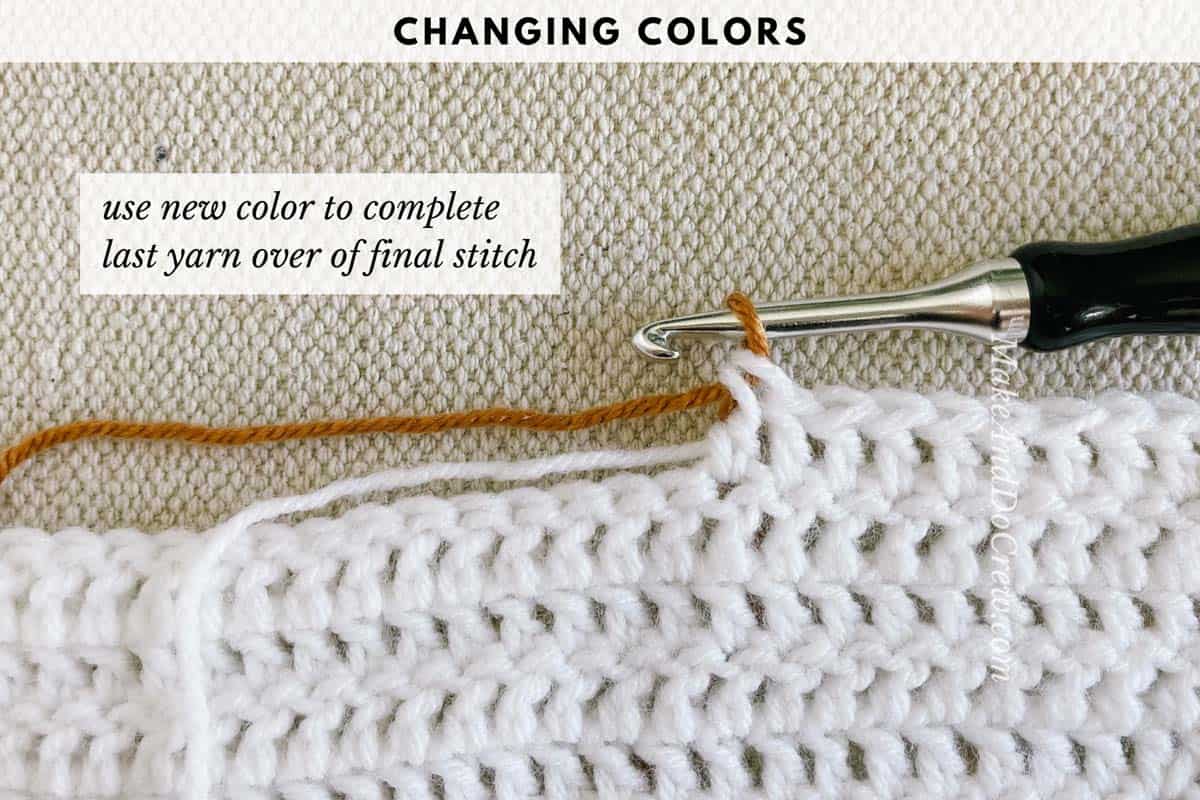 Crochet photo tutorial showing how to change colors in crochet.