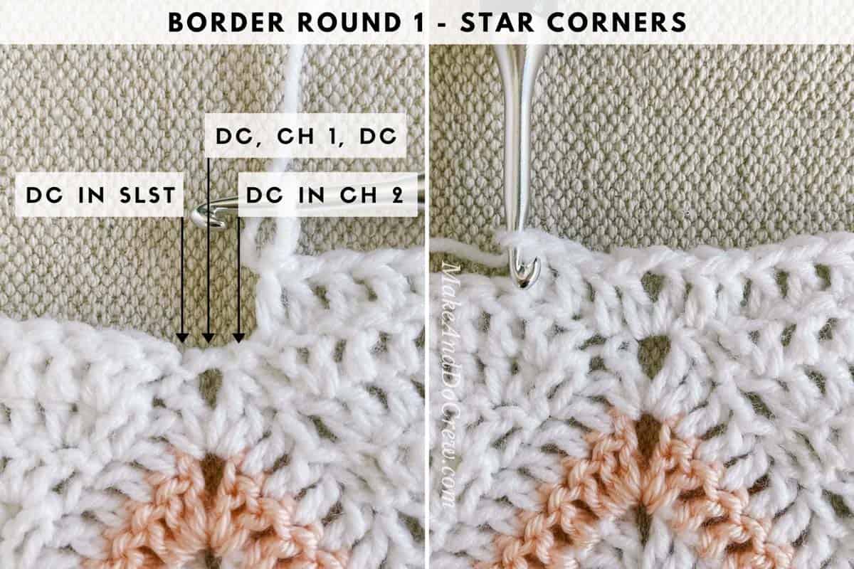 Crochet photo tutorial showing round one of a border around an 8 point crochet star.