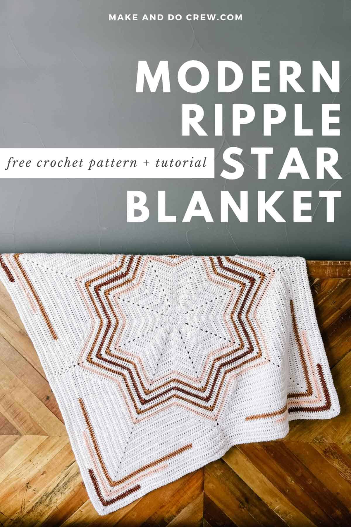 This image says "Modern Ripple Star Blanket." It shows a colorful 8 point star on a white background free crochet blanket pattern.