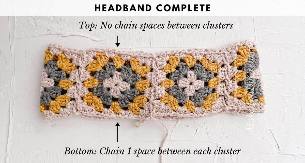 This crochet tutorial image shows the headband part of a bucket hat made out of granny squares.