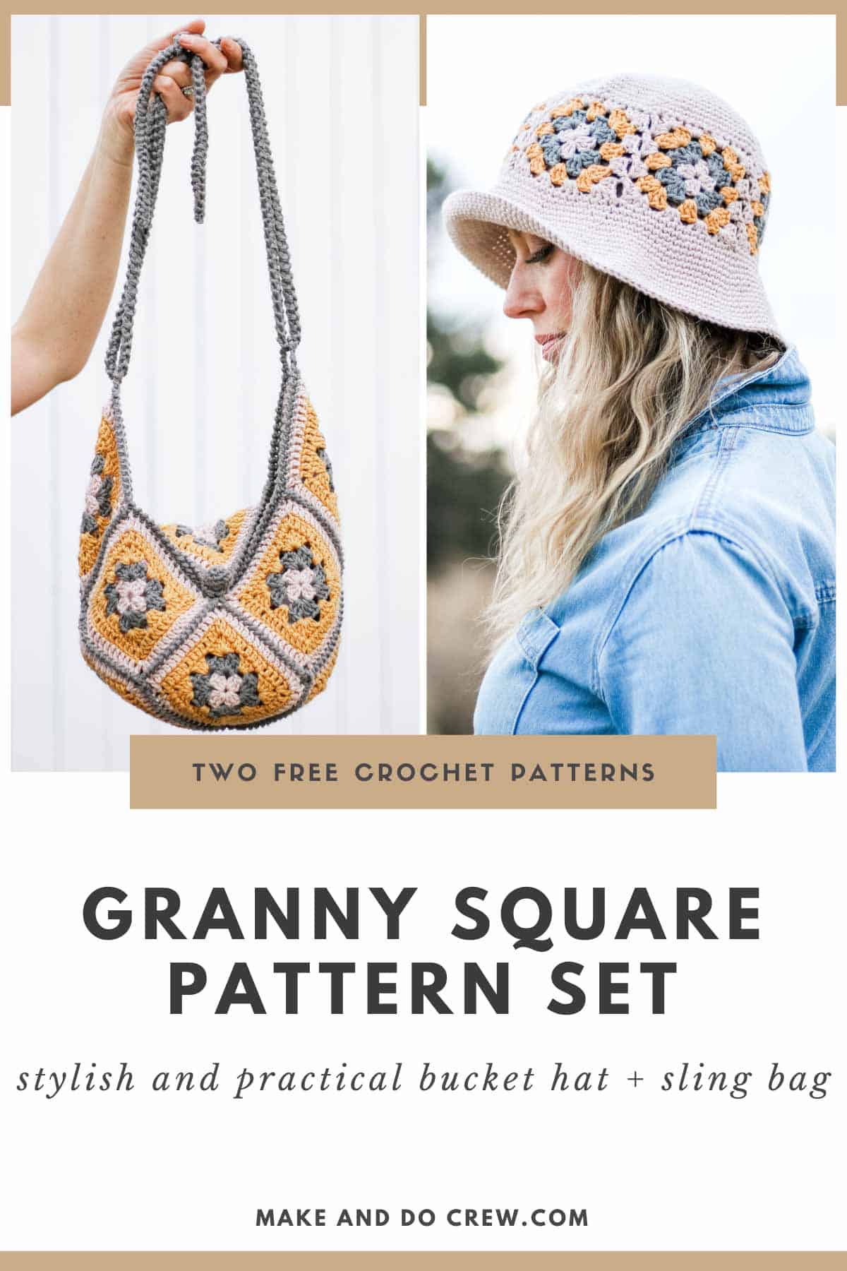 This image shows a free crochet pattern for a granny square crochet hat and bag matching set. One image shows a woman's hand holding the bag in the air, and the second image shows a woman with blonde hair looking to the left wearing the crochet granny square hat.