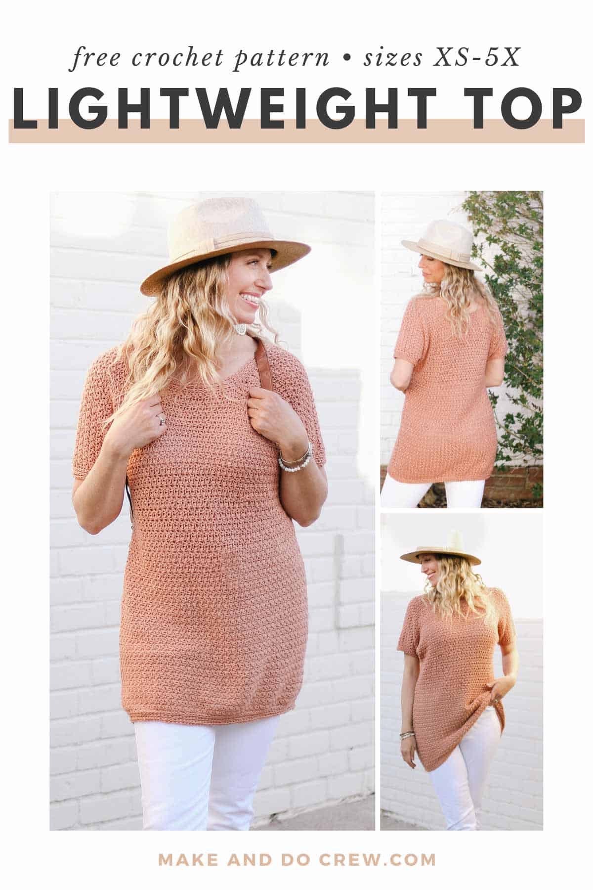 This image shows three photos of a woman wearing a long crochet tunic, white pants and a tan hat. It is showing a free crochet pattern for a lightweight top.