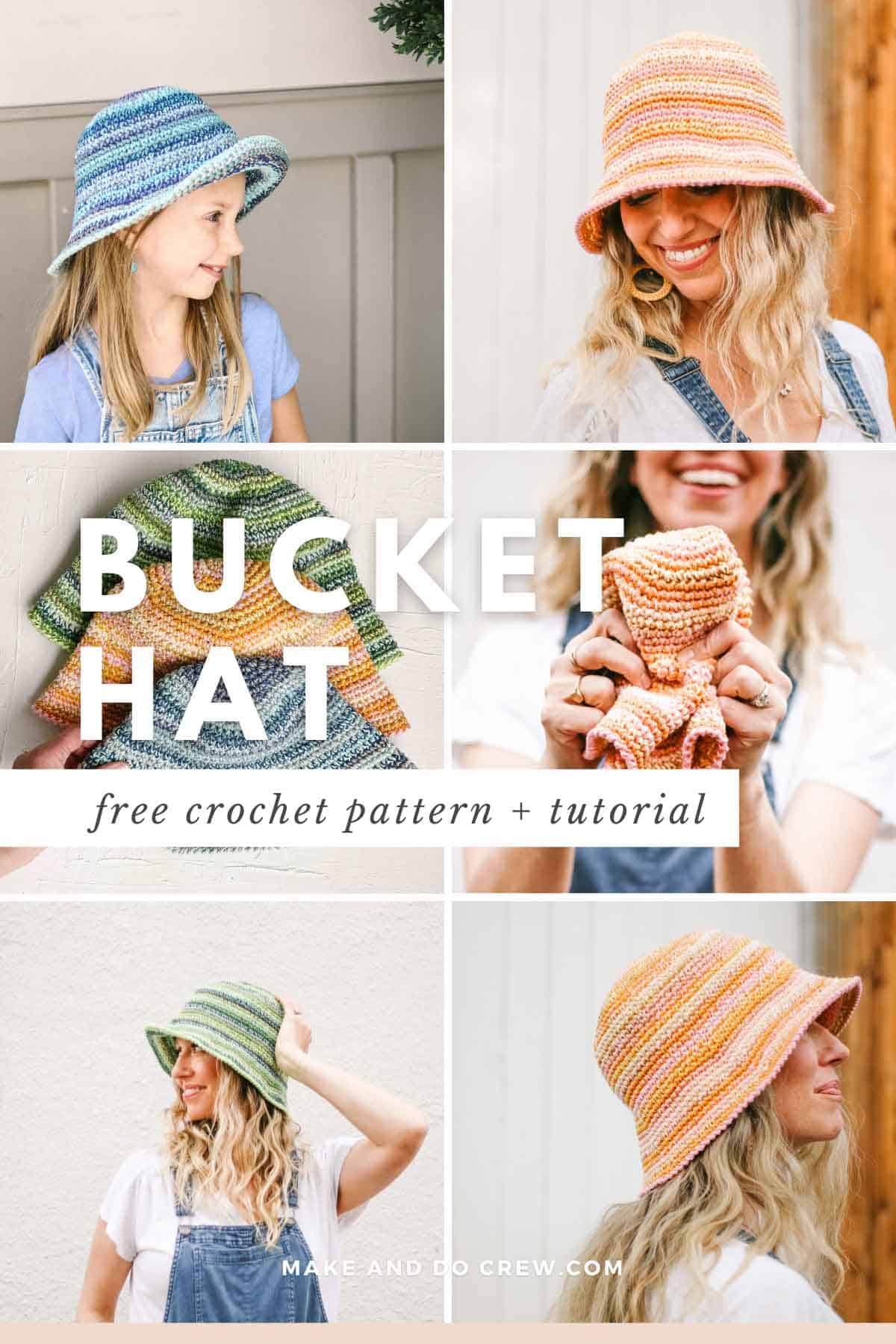 This image shows six different photos of a crochet bucket hat. There is a woman with blond hair wearing a pink crochet bucket hat, a woman with blond hair wearing a green crochet bucket hat, and a child wearing a blue crochet bucket hat.