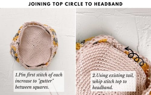 This crochet tutorial image shows how to join the top circle of a crochet bucket hat to the headband section made from granny squares.
