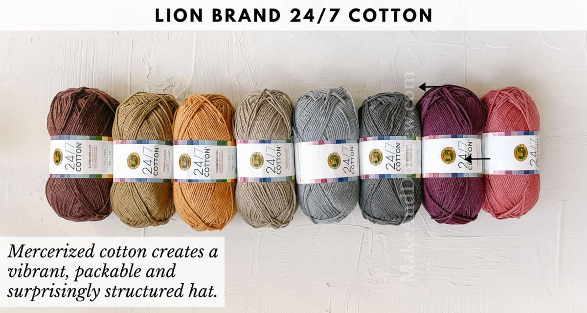 This image shows eight balls of Lion Brand Yarn 24/7 Cotton yarn in different color ways.