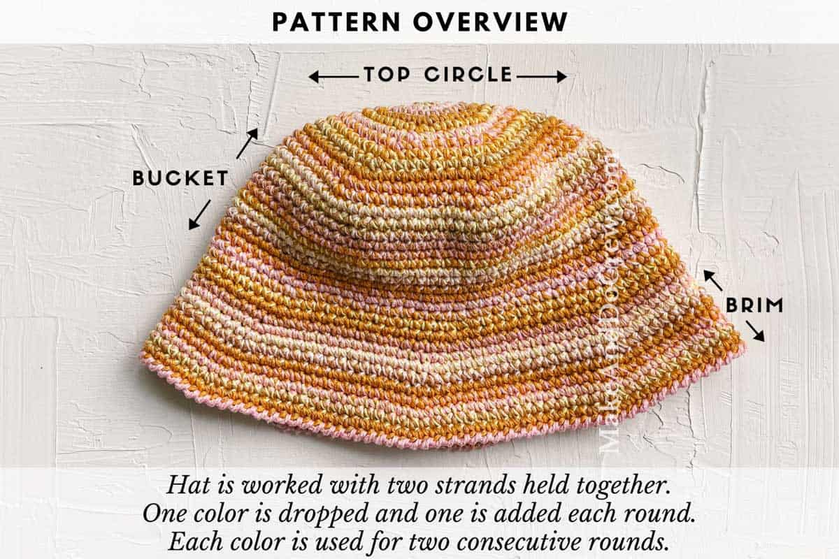 This image shows a pink and orange crochet bucket hat. There are details on the photo about how to crochet a bucket hat.