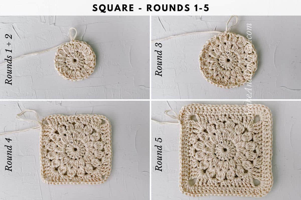 Four steps of crocheting a medallion for a boho purse.