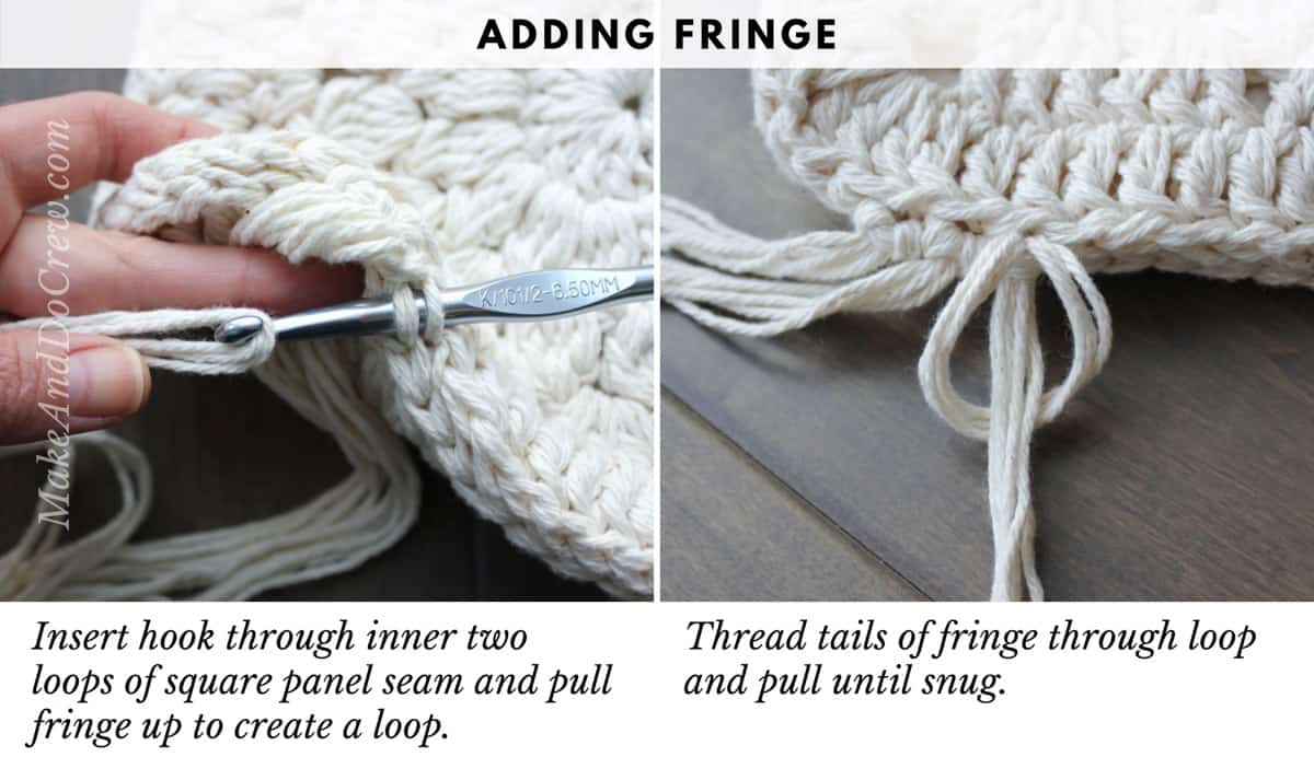 The steps of adding fringe to a crochet boho bag.