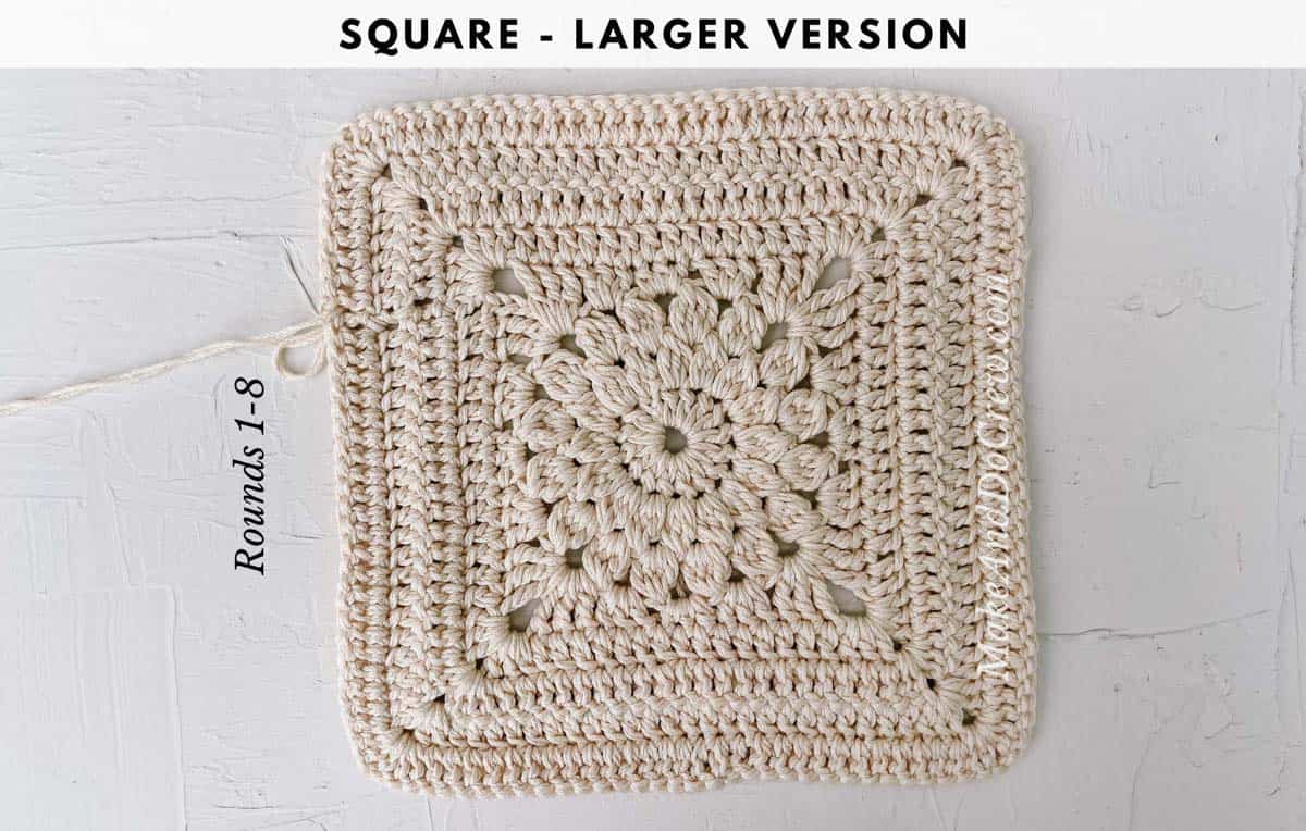 A crochet square made from puff stitches and bobble stitches.