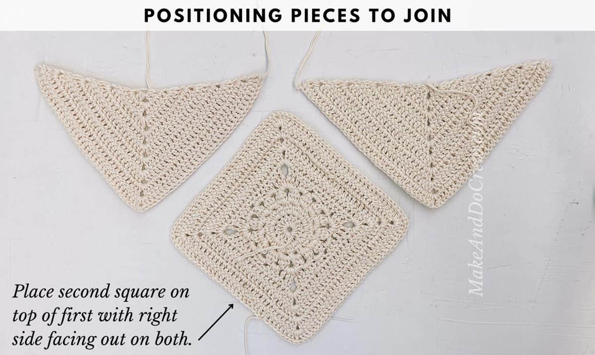 Crochet boho bag squares and triangles in preparation to seam together.