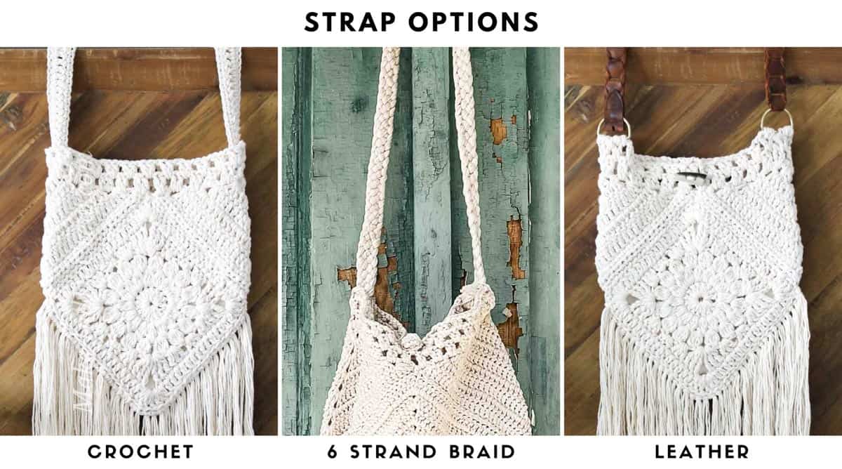 Three crossbody strap options for a bohemian crochet bag.