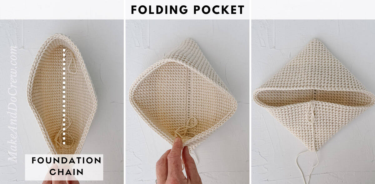 Folding a diagonal potholder for seaming.