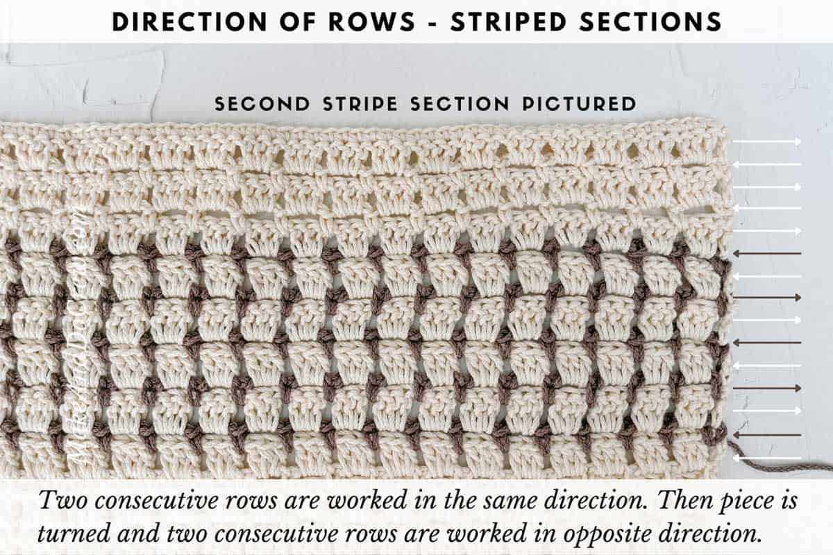 Boxed Block crochet stitch worked in stripes.