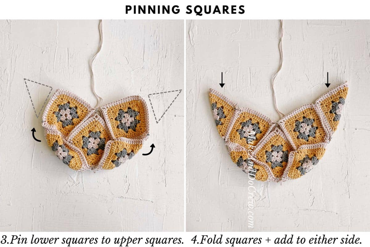 This image shows a crochet tutorial on how to pin granny squares together.