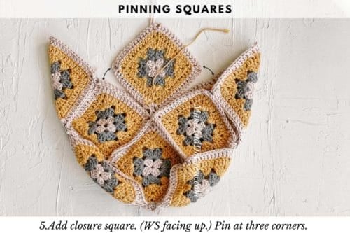 This image shows a crochet tutorial on how to pin granny squares together.