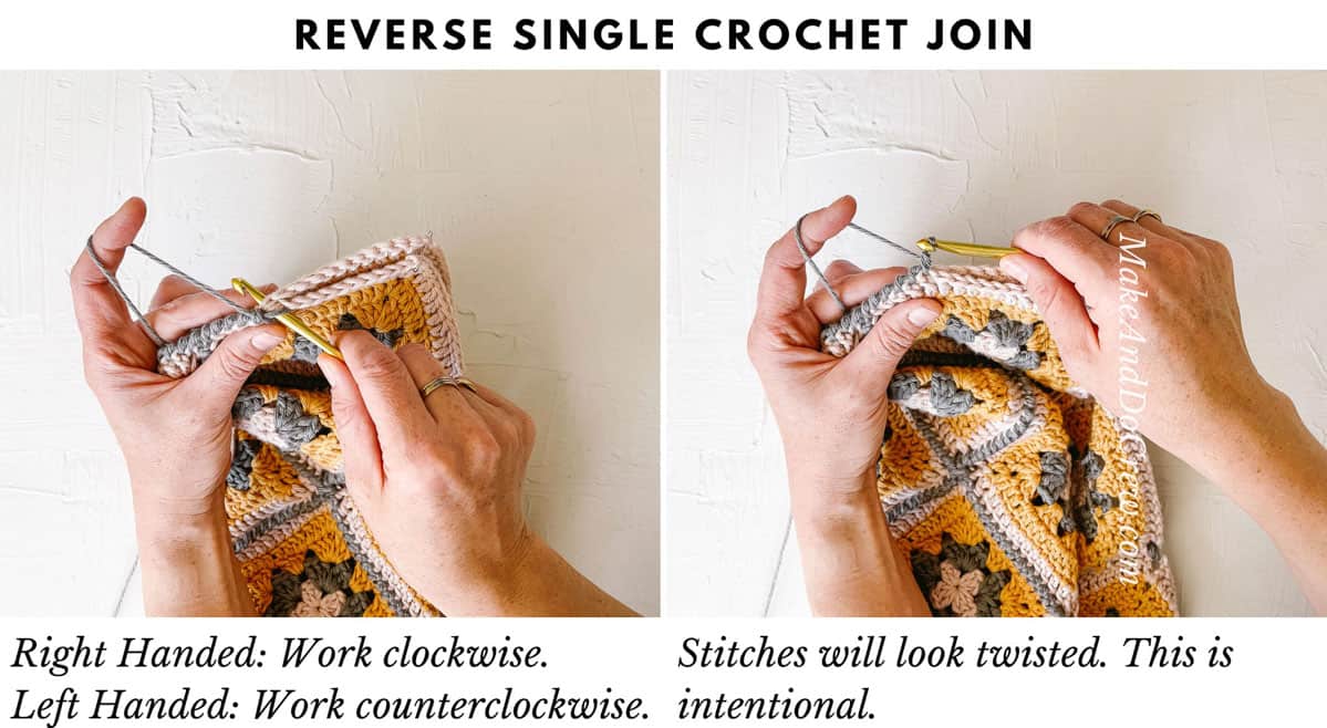 This image shows a crochet tutorial on reverse single crochet.