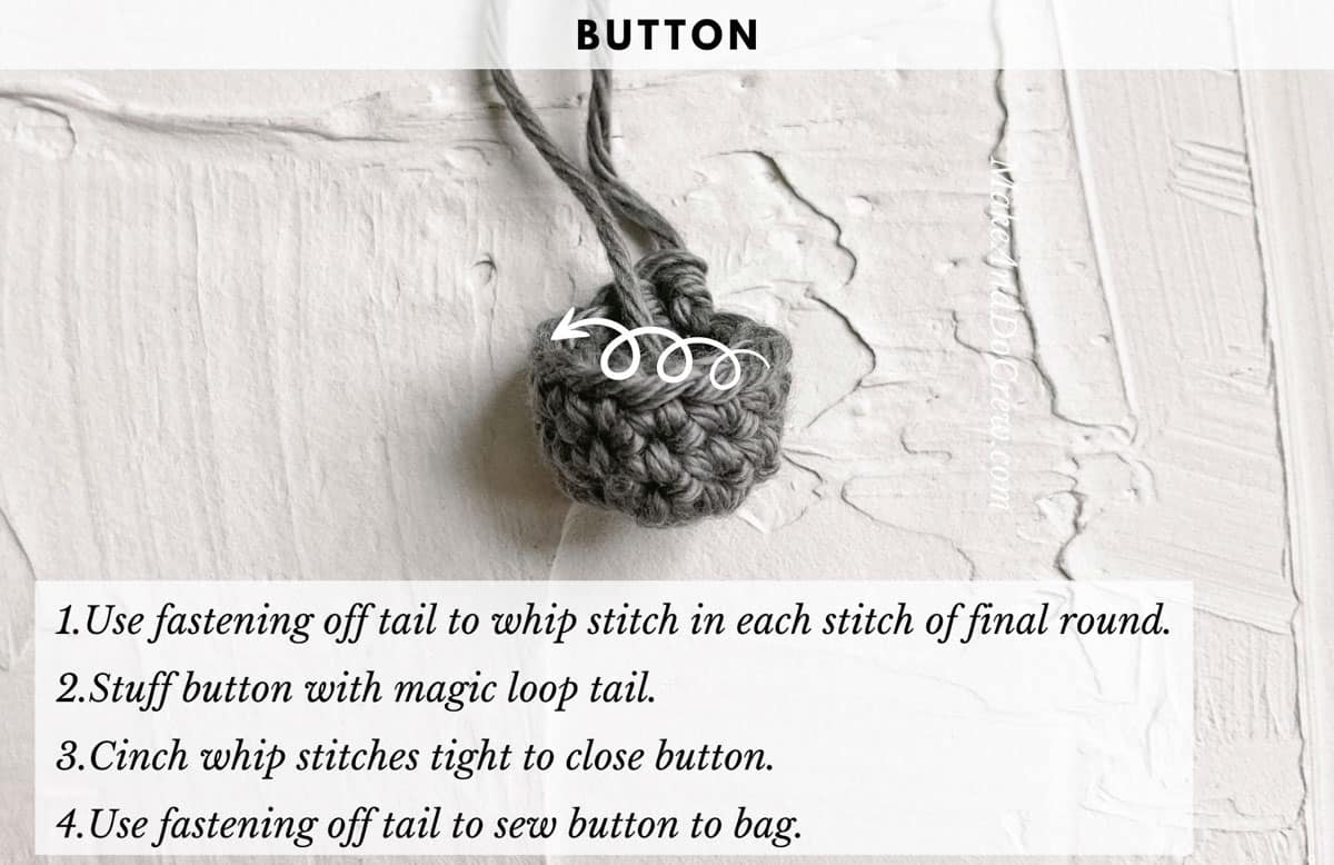 This image shows a crochet tutorial on making a crochet button for a purse.