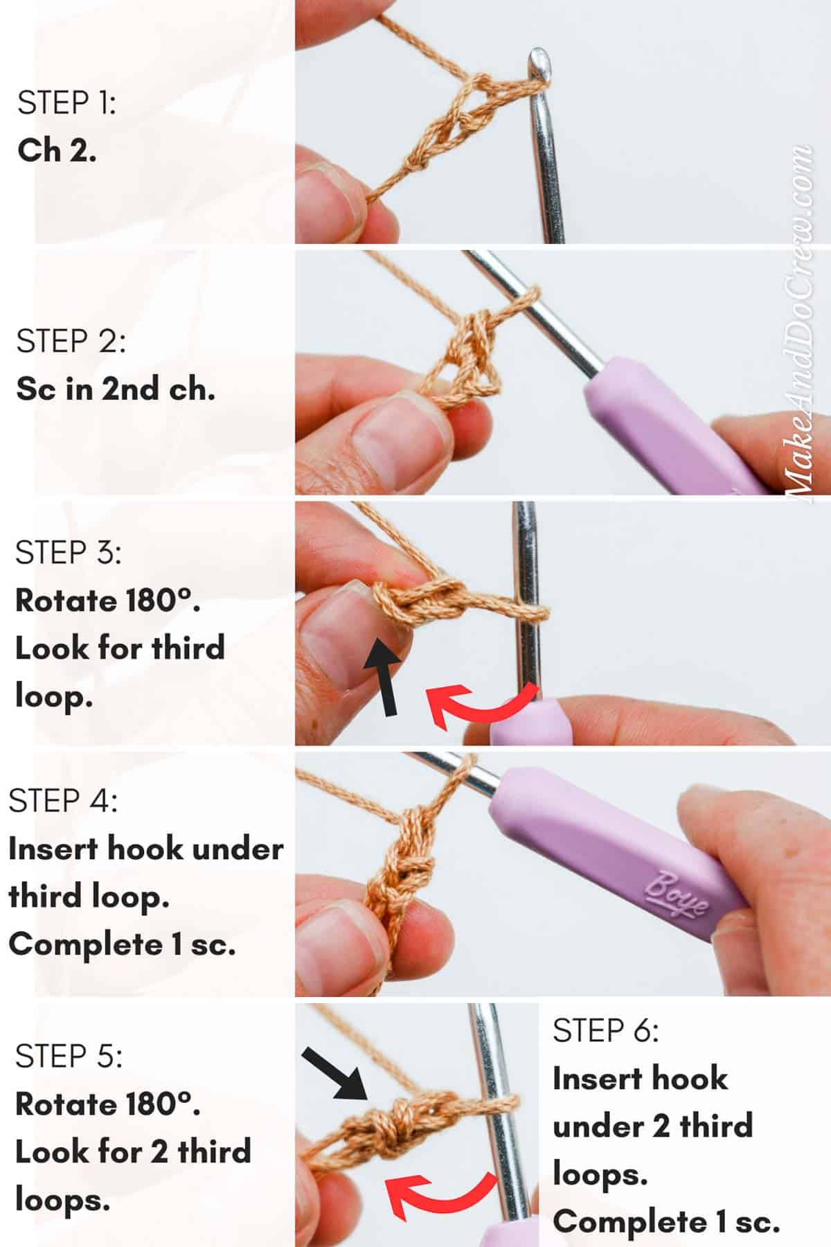 This image shows a crochet tutorial for a roman cord.