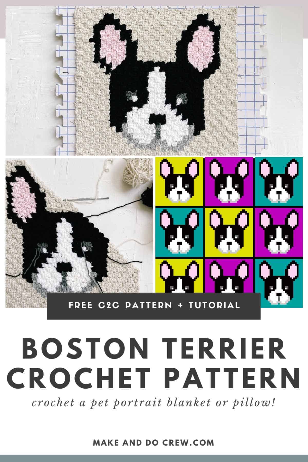 This image shows a Pinterest image for a free corner to corner crochet square for a french bulldog.