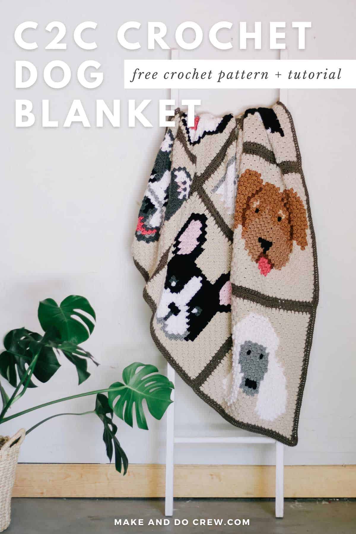 This image shows a free crochet pattern for a corner to corner crochet dog blanket.